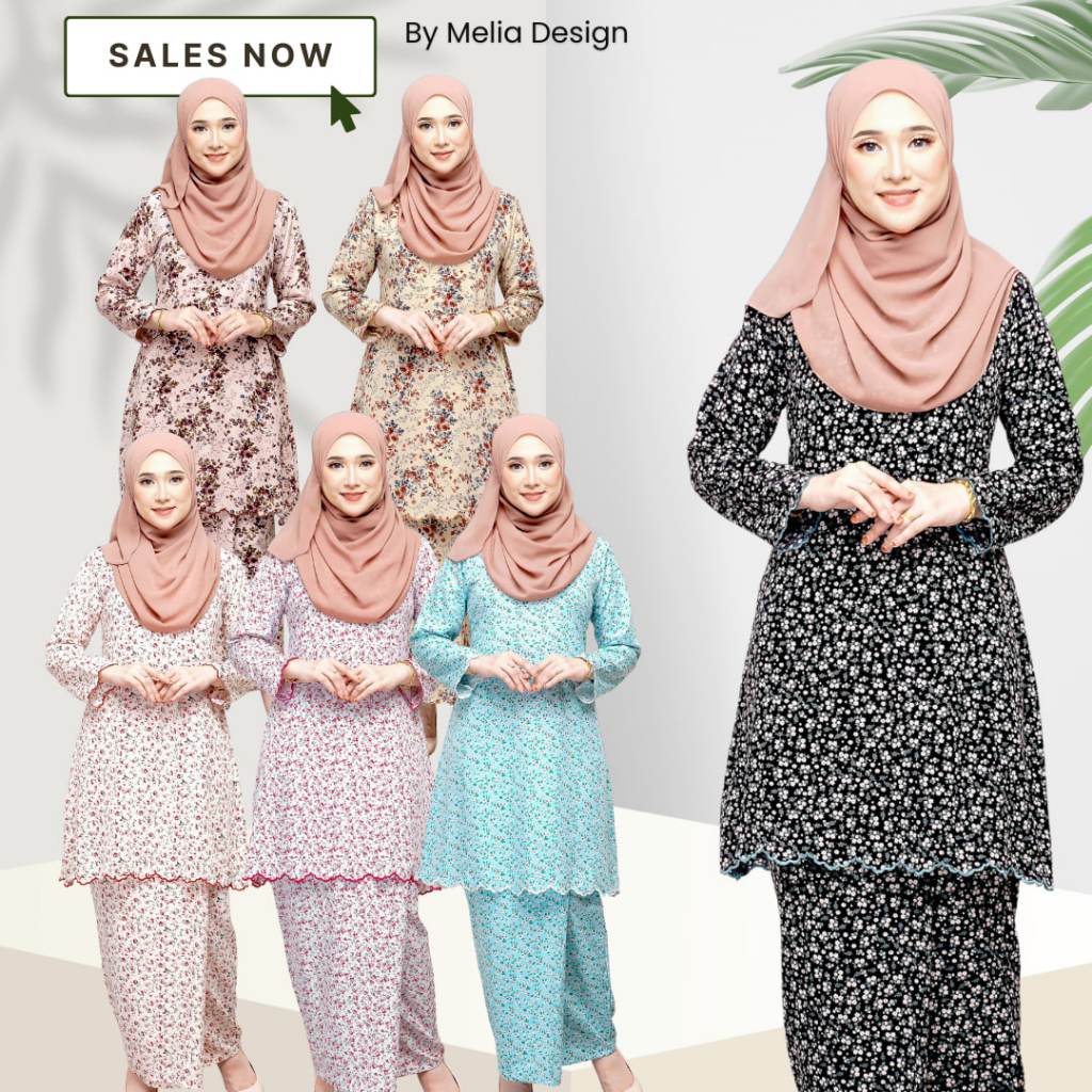 By Melia Design Baju Kurung Moden Riau Corak Bunga Cotton Lembut