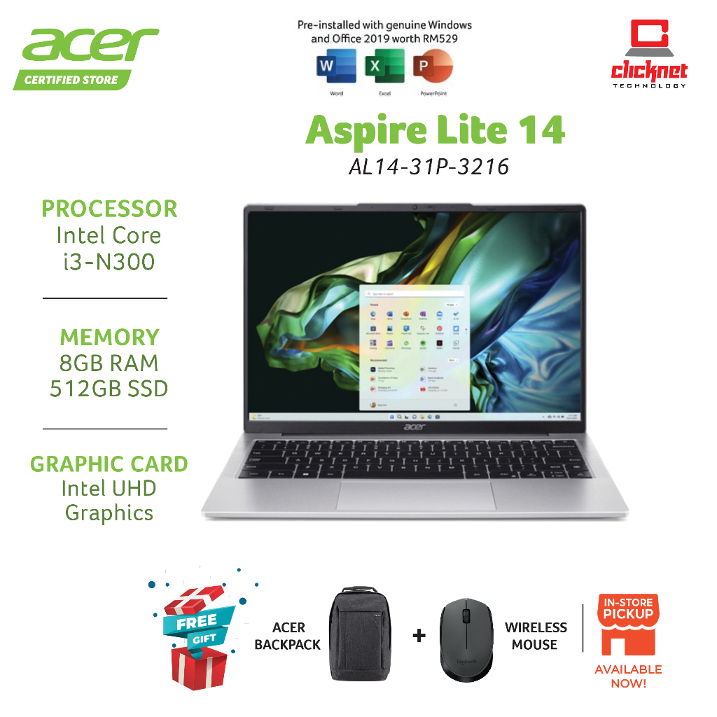 ACER ASPIRE LITE 14 AL14 31P 3216 LAPTOP I3 N300 8GB RAM 512GB SSD