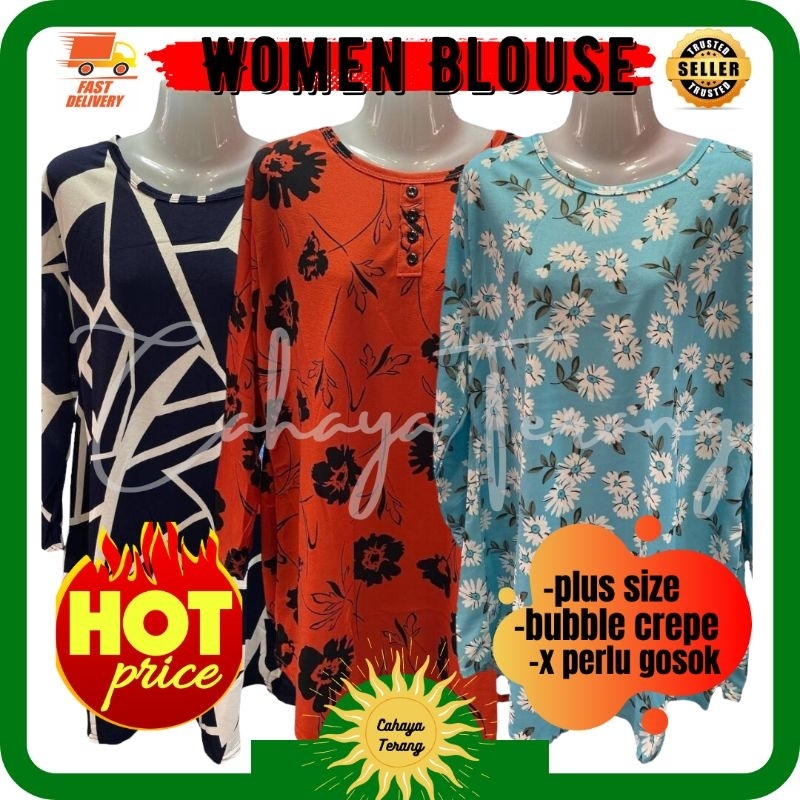 READY STOCK PLUS SIZE BLOUSE IRONLESS BAJU MUSLIMAH LABUH BUBBLE CREPE