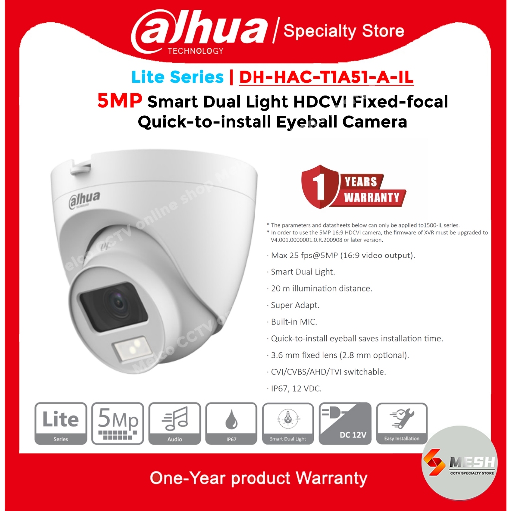 DAHUA 5MP T1A51 A IL SMART DUAL LIGHT HDCVI FIXED FOCAL QUICK TO