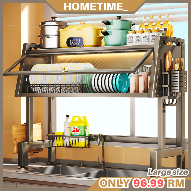 Stainless Steel Rack Dish Rack With Cover Kabinet Dapur Rak Pinggan