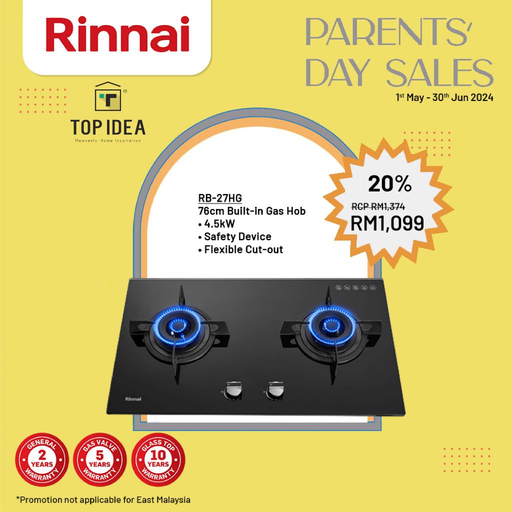 Pre Order RINNAI 4 5kW 76CM 2 Burner Flexi Built In Gas Hob Tempered