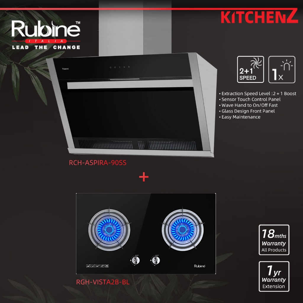 Rubine Slanted Hood ASPIRA 90SS Built In Hob Gas Stove Hob Tempered