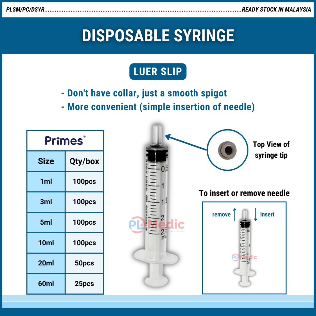 Primes Disposable Syringe Sterile Luer Slip Luer Lock Ml Ml Ml