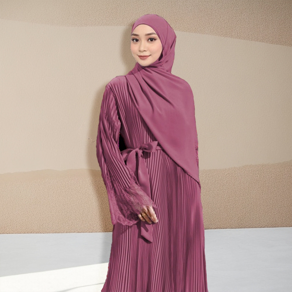 Abaya Pleated Jubah Muslimah Dress Lace Plain Premium Abaya Dubai Baju