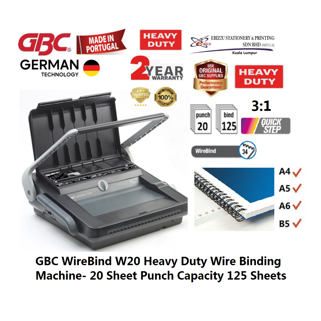 GBC WireBind W20 Heavy Duty Wire Binding Machine 3 1 20 Sheet Punch