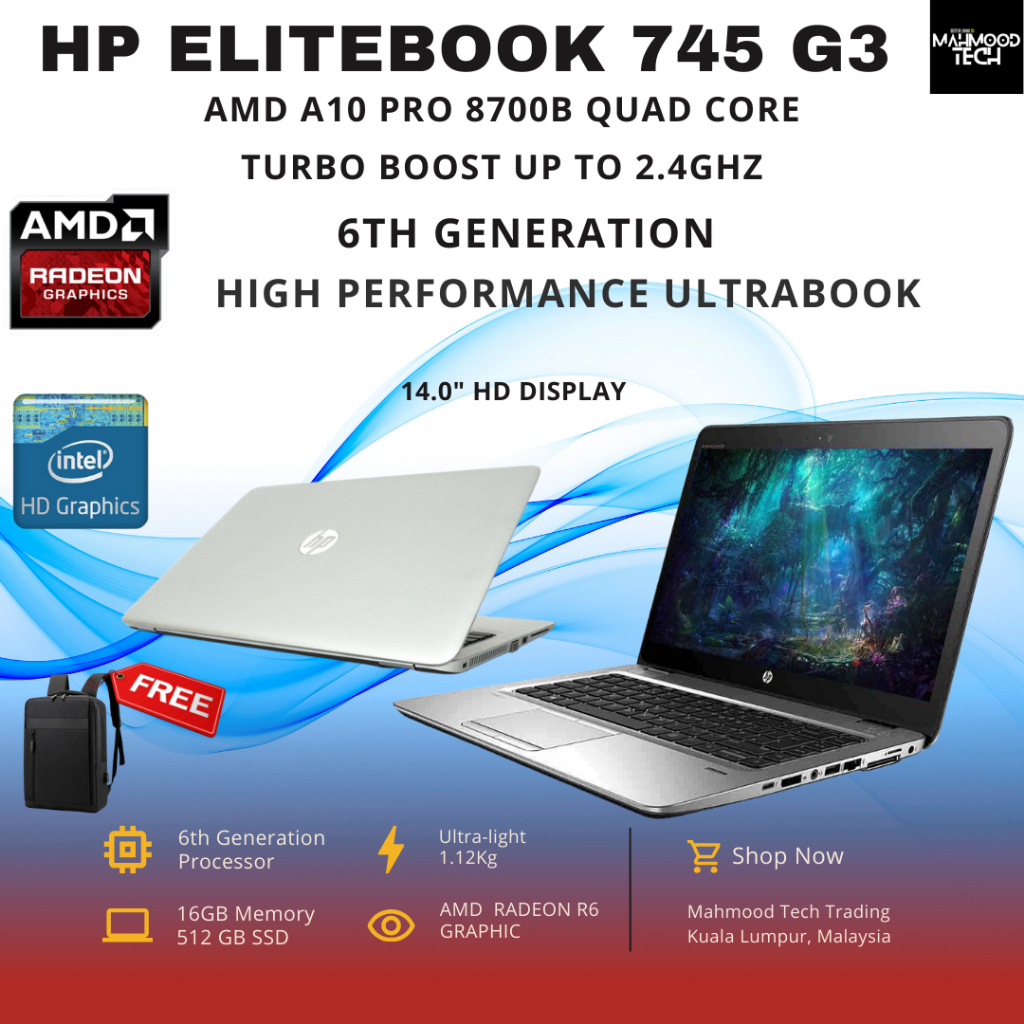 HP ELITEBOOK 745 G3 AMD A10 PRO 8700B QUAD CORE 16GB RAM 512GB SSD