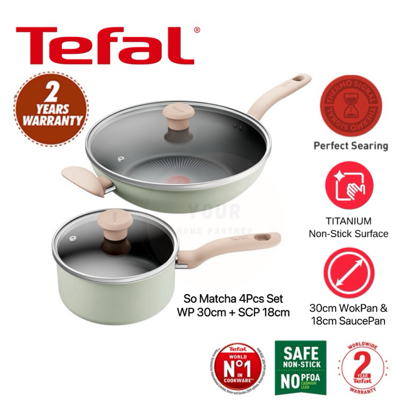 Tefal So Matcha 4Pcs Set Saucepan With Lid 18cm Wokpan 30cm Non