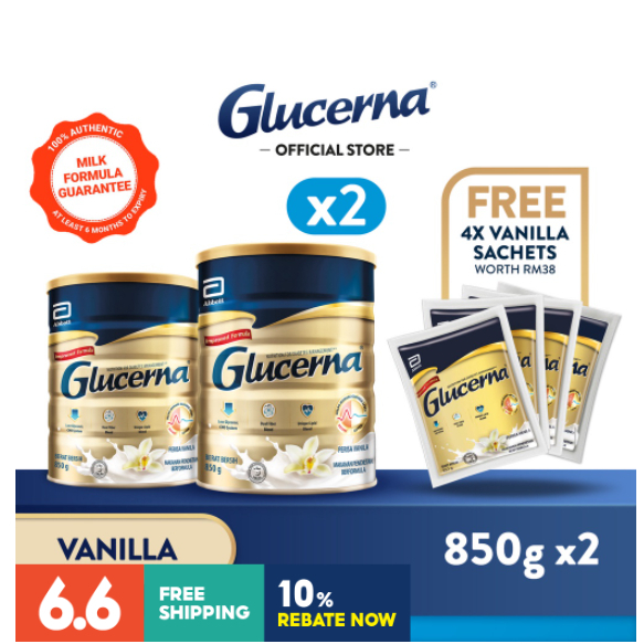 GLUCERNA VANILLA TWIN PACK 850GM X 2 FREE 4 SACHET POWDER EXP 02