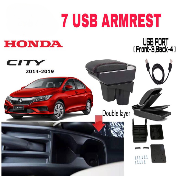 7 USB ARMREST Honda Toyota Perodua Proton Adjustable With Cup Holder