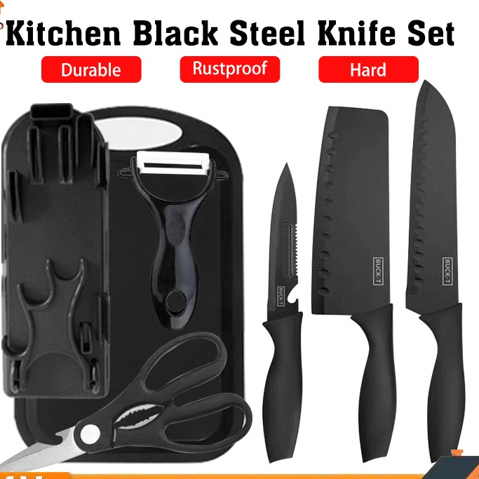 7 In 1 Black Steel Nonstick Kitchen Knife Set Dapur Pisau Gunting