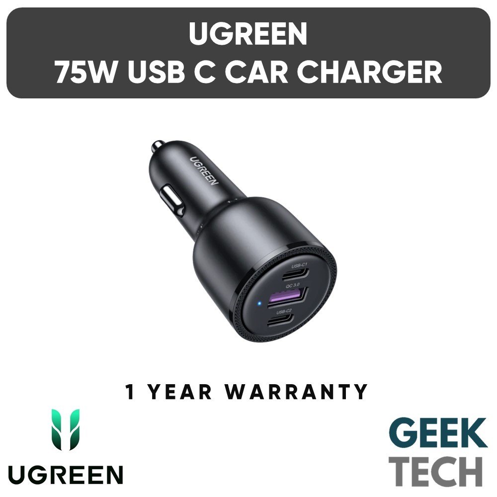 UGREEN 75W Dual USB C PD Car Chager With 2x USB C 1x USB A Output