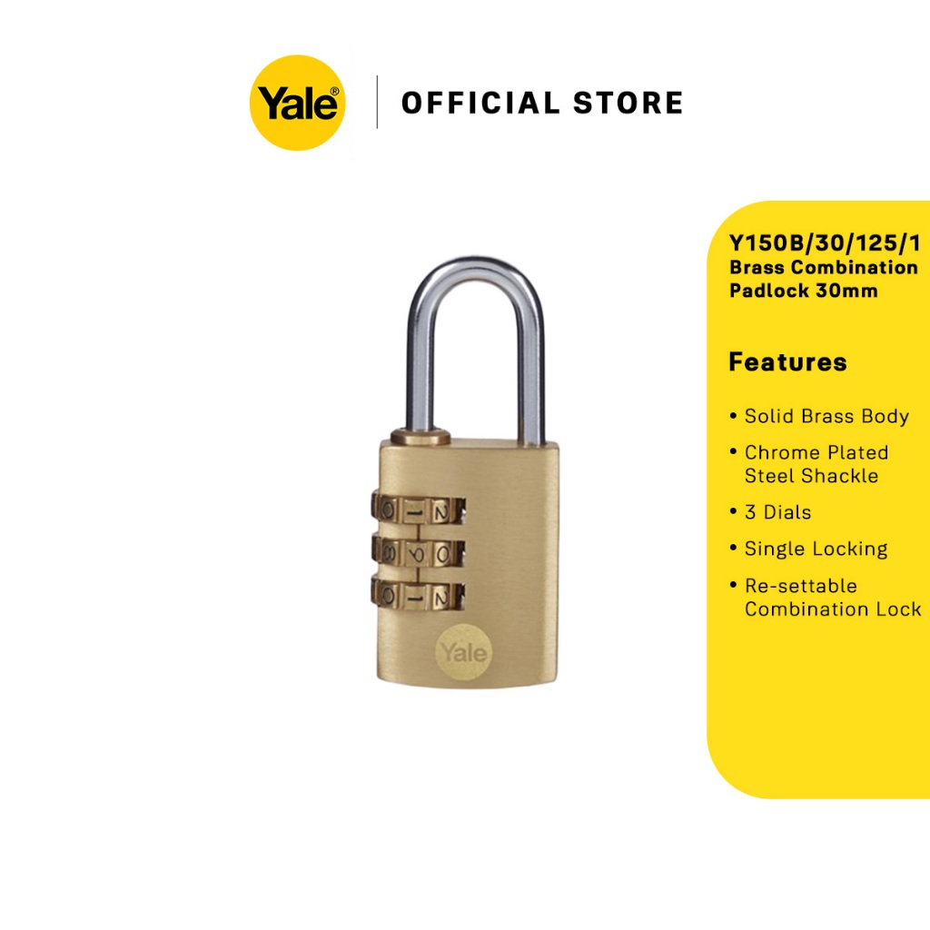 Yale Y150B 30mm Outdoor Brass Combination Padlock With Chrome Steel