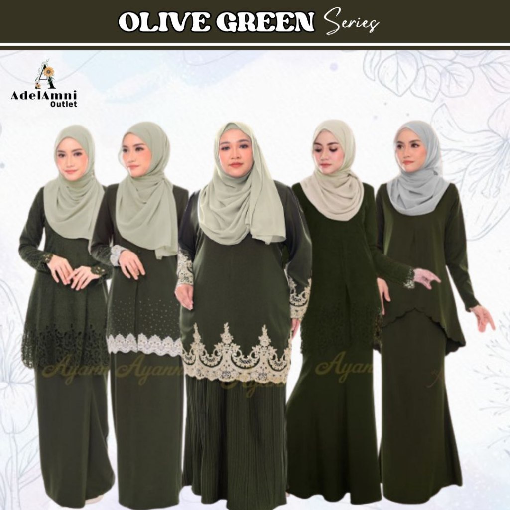 Tema Olive Green Baju Kurung Dewasa Plus Size Plain Lace Moden Tunang