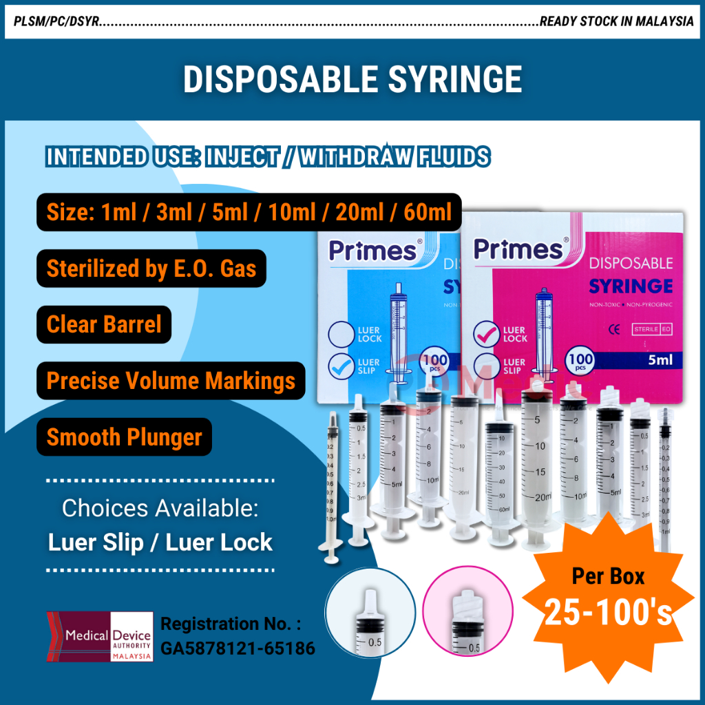 Primes Disposable Syringe Sterile Luer Slip Luer Lock Ml Ml Ml