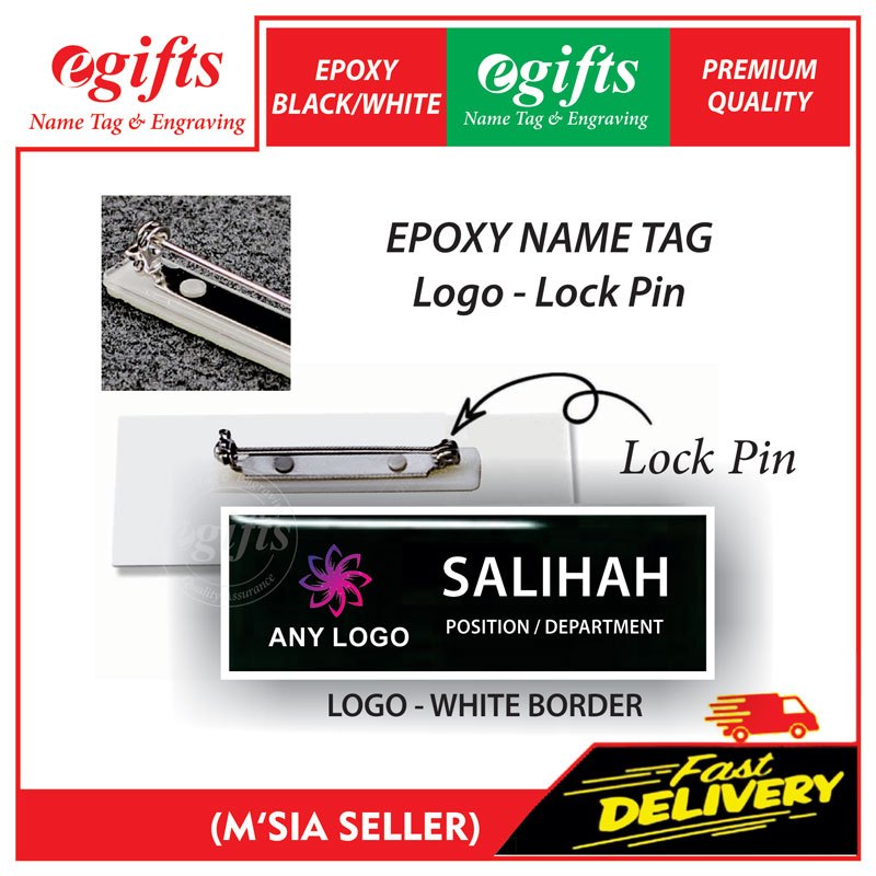 Name Tag Epoxy Acrylic Hitam Putih Tag Jawi Utk Sekolah Cikgu Murid