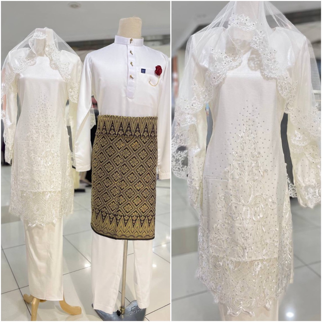 Baju Nikah Putih Kurung Moden French Lace Putih Full Set Lengkap