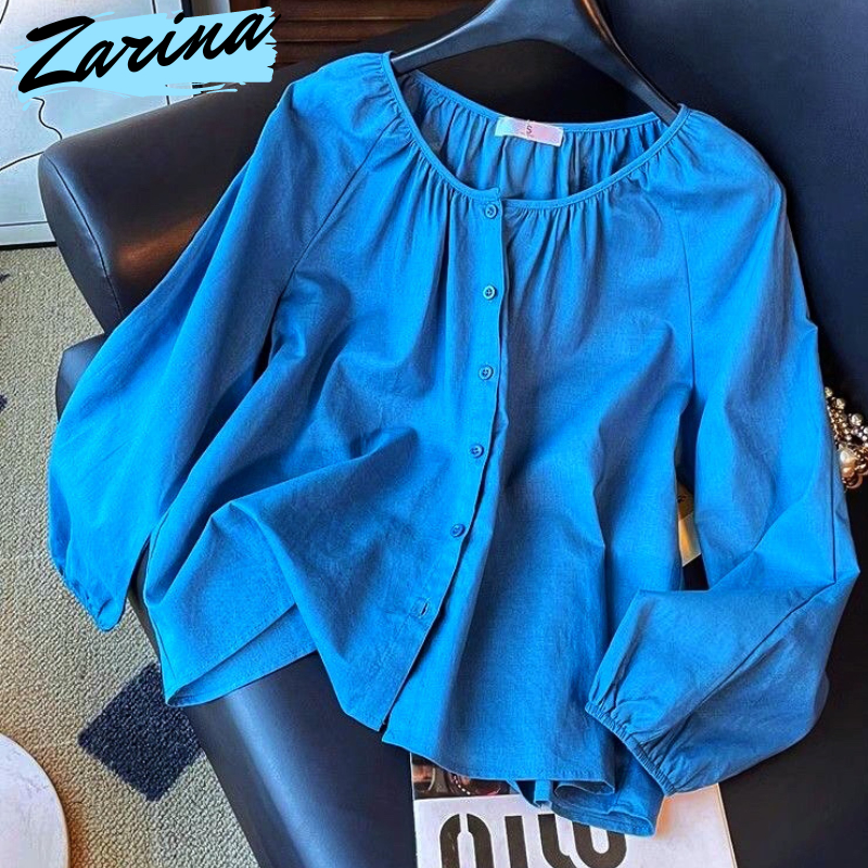 Zarinablouse Biru New Plain Lantern Sleeve Korean Blouse Fit Blouses