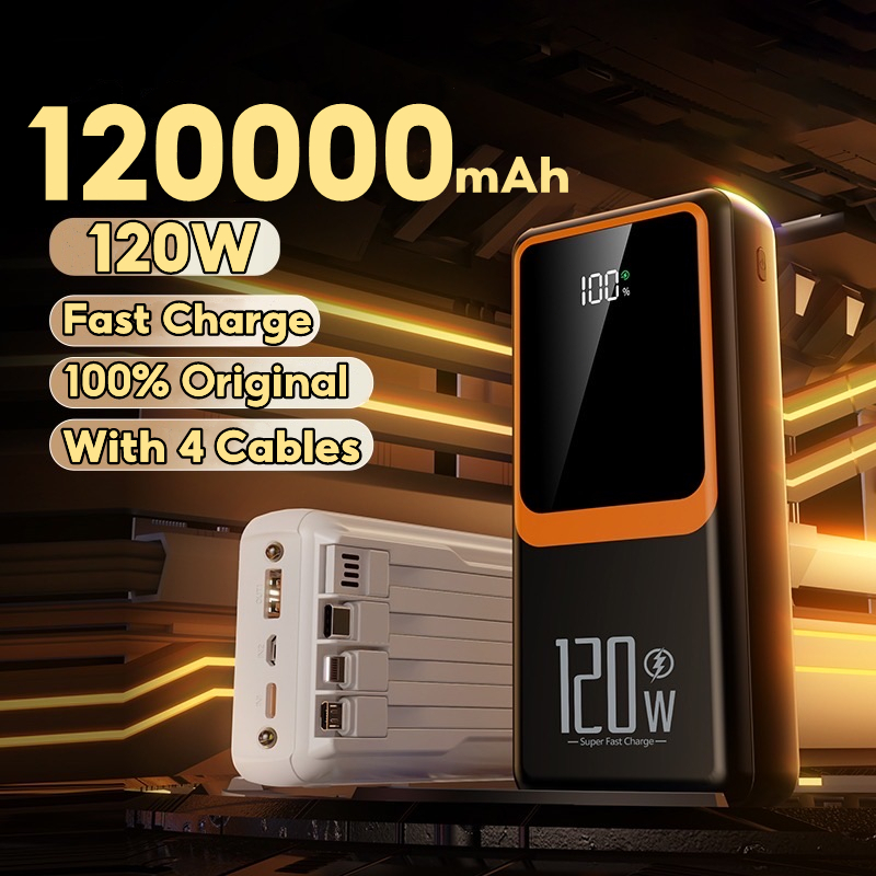 Powerbank 120000mAh 120W Super Fast Charge With 4 Cable Power Bank LED