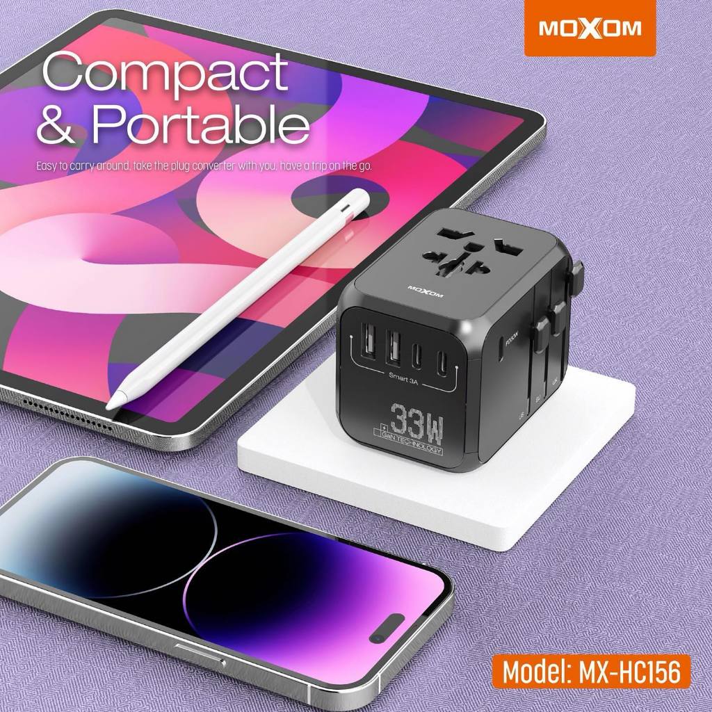 MOXOM MX HC156 33W GAN UNIVERSAL TRAVEL ADAPTER WITH PD USB PORTS