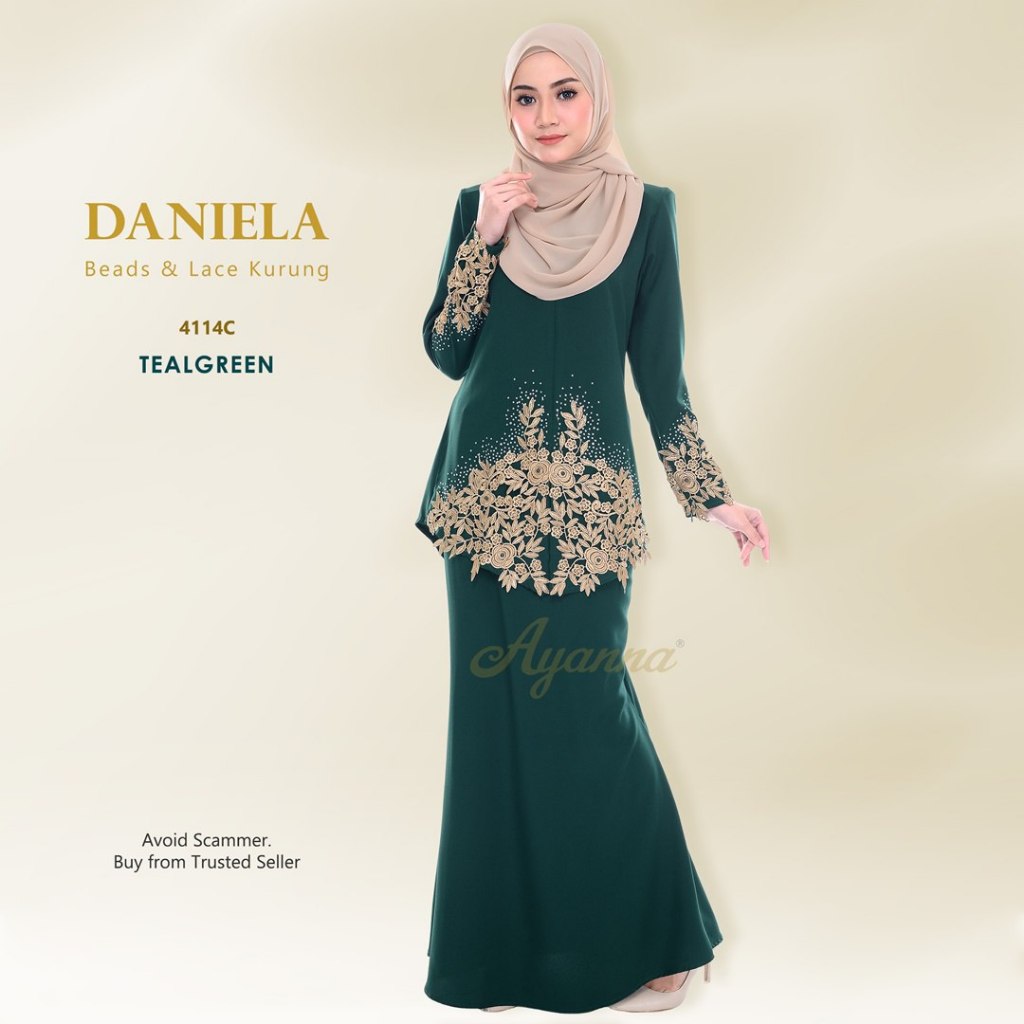 Tema Teal Green Baju Kurung Dewasa Plus Size Lace Moden Tunang