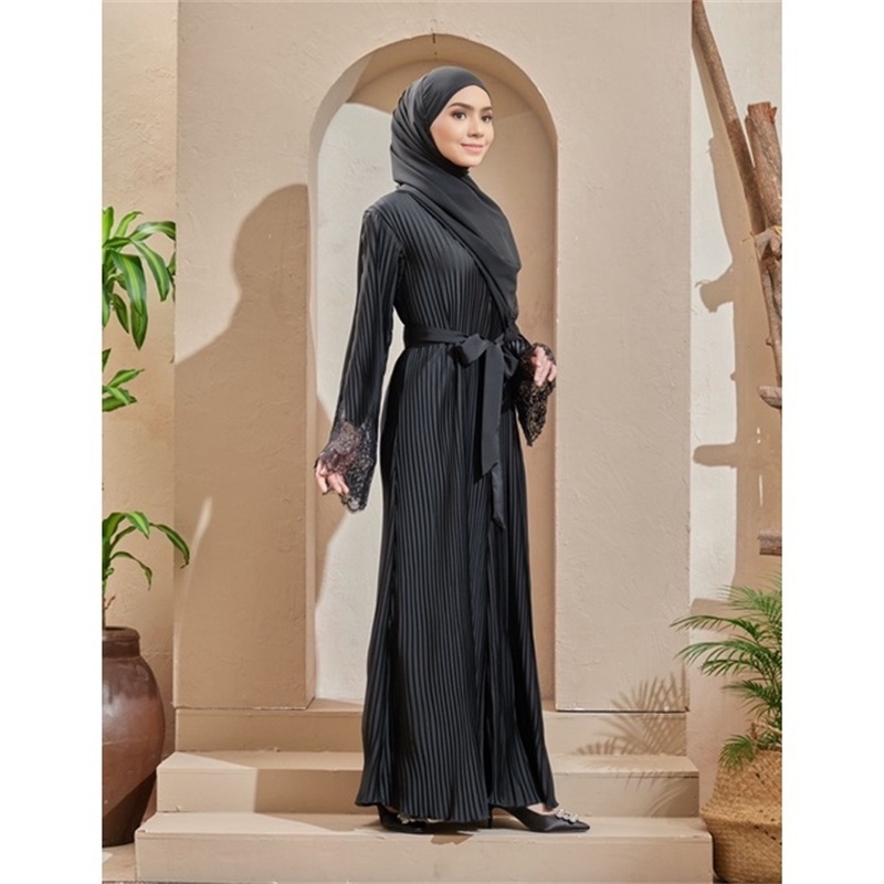 Abaya Pleated Allium Dresses Lace Sleeves Abayas Muslim Jubah Muslimah