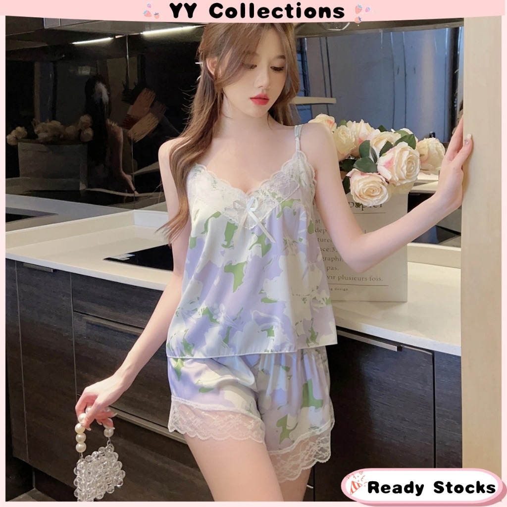 Ready Stock Women Cute Lingerie Ice Silk Lace Pyjamas Nightwear Home Wear Baju Tidur A
