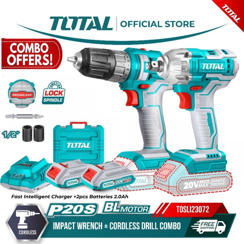 Total Pcs Li Ion Cordless Drill Impact Wrench Combo Set Tosli