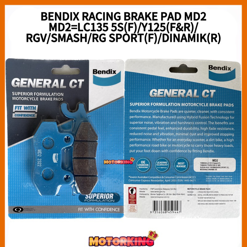 BENDIX RACING BRAKE PAD MD2 YAMAHA LC135 5S FRONT Y125 FRONT REAR RGV