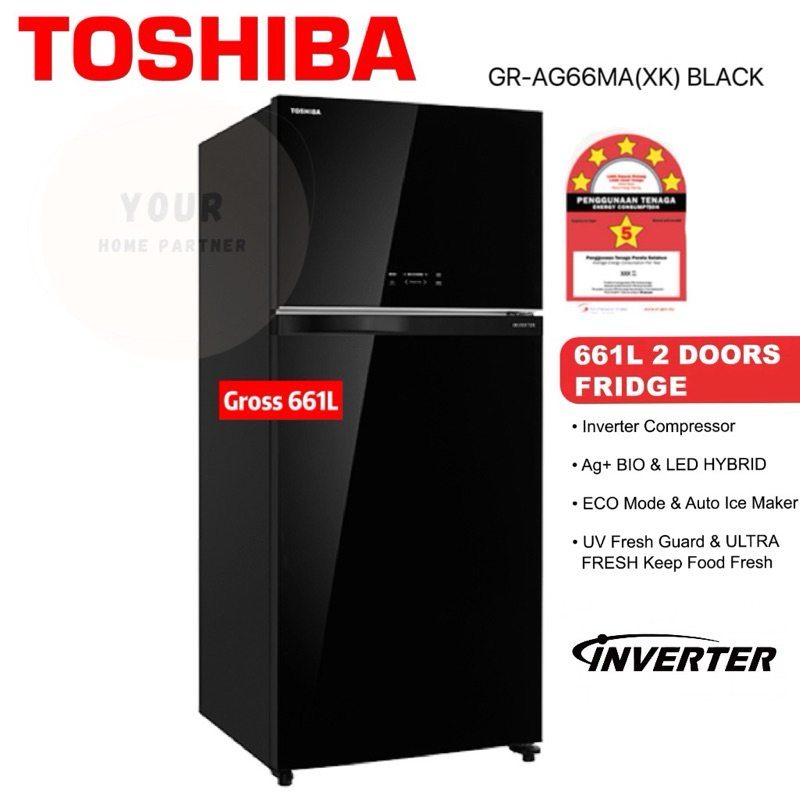 Toshiba 2 Door 5 Star Gross 661L Inverter Fridge Refrigerator With Auto