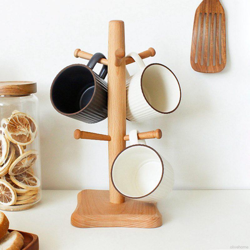 WOODEN COFFEE CUP HOLDER TREE 6 MUG HOLDER CUP STAND KITCHEN HANGER