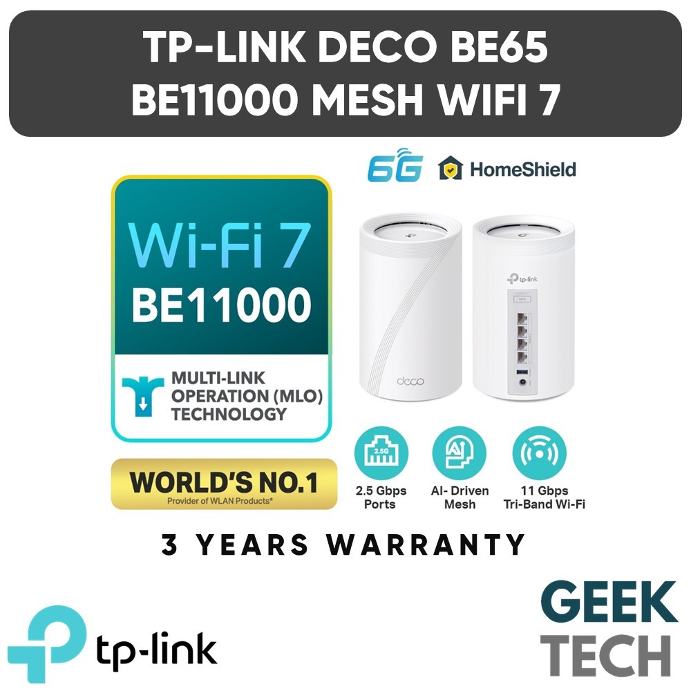 TP Link Deco BE65 BE11000 WiFi 7 Tri Band Whole Home AI Driven Mesh