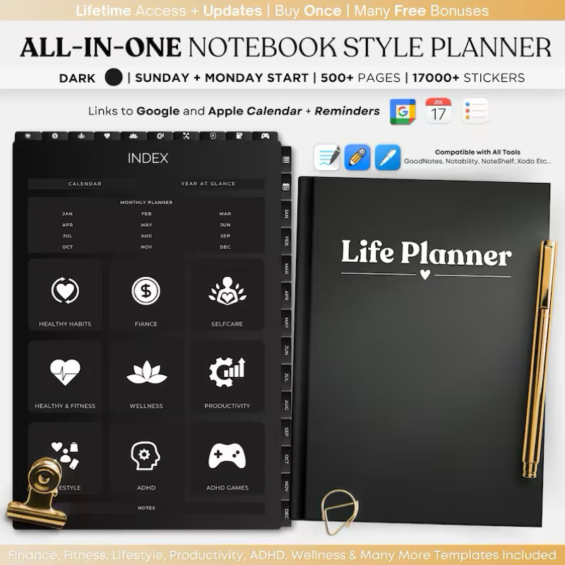 Dark Digital Planner 2024 2025 All In One GoodNotes Notability