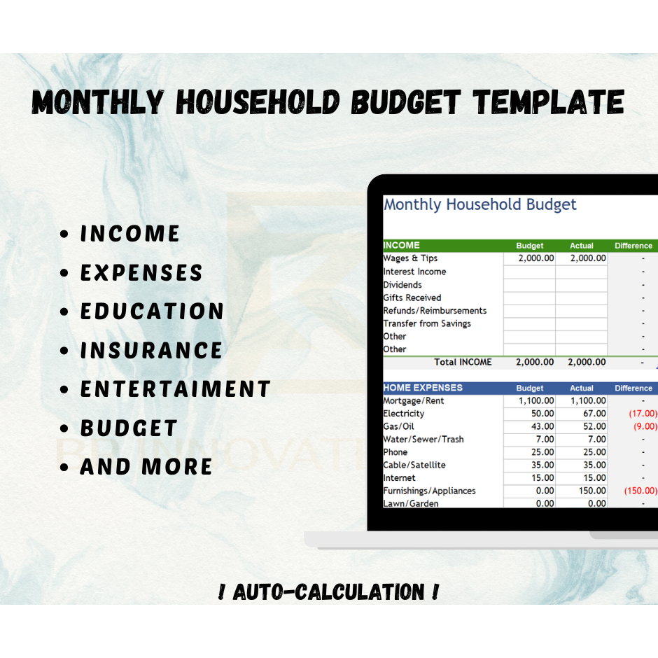 MONTHLY HOUSEHOLD BUDGET TEMPLATE Excel Auto Calculation Shopee