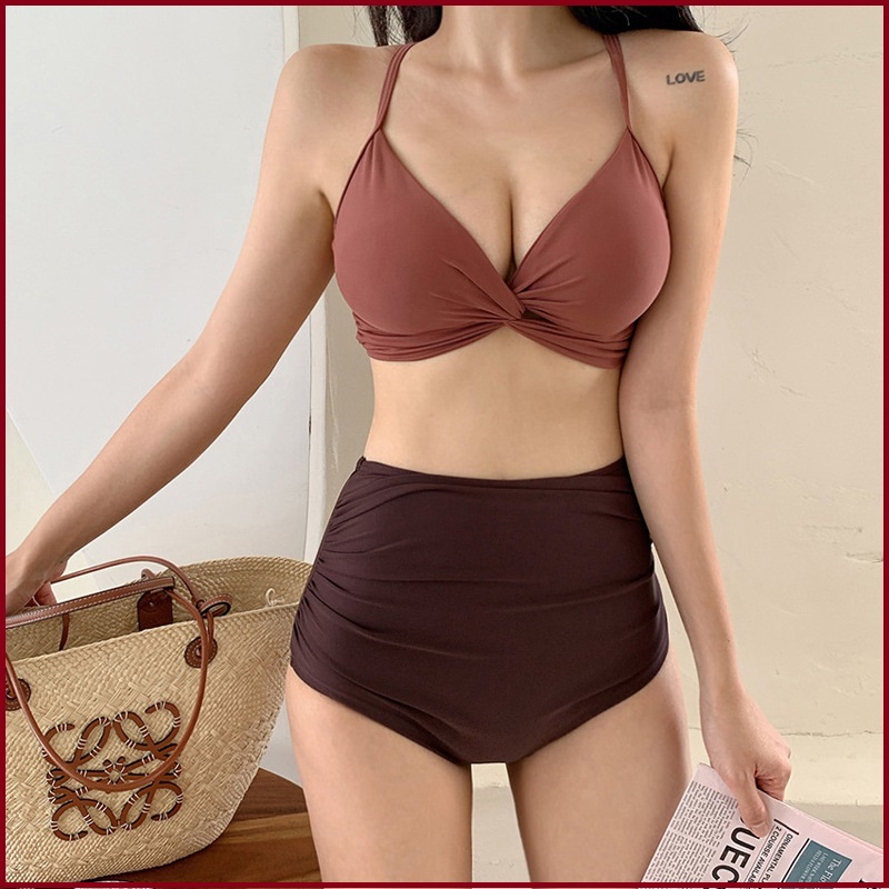 Ready Stock 2 Pcs Bikini Push Up BeachWear High Waist Belly Cover