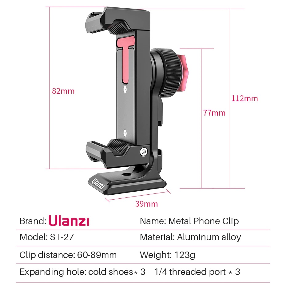 ULANZI ST 27 Metal Phone Holder Clip Vlog Cold Shoe Tripod Mount 360