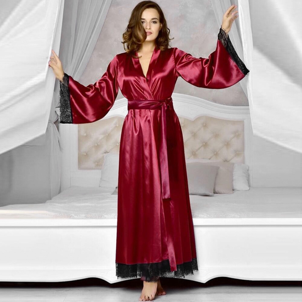 Women Sexy Long Silk Kimono Dressing Gown Pyjamas Bath Robe Babydoll