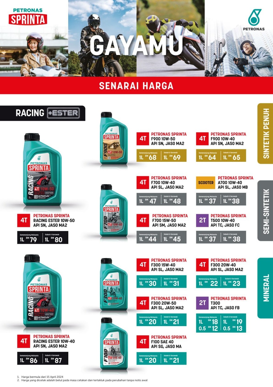 PETRONAS Sprinta 4T RACING ES 10W 50 10W 40 Fully Synthetic Minyak