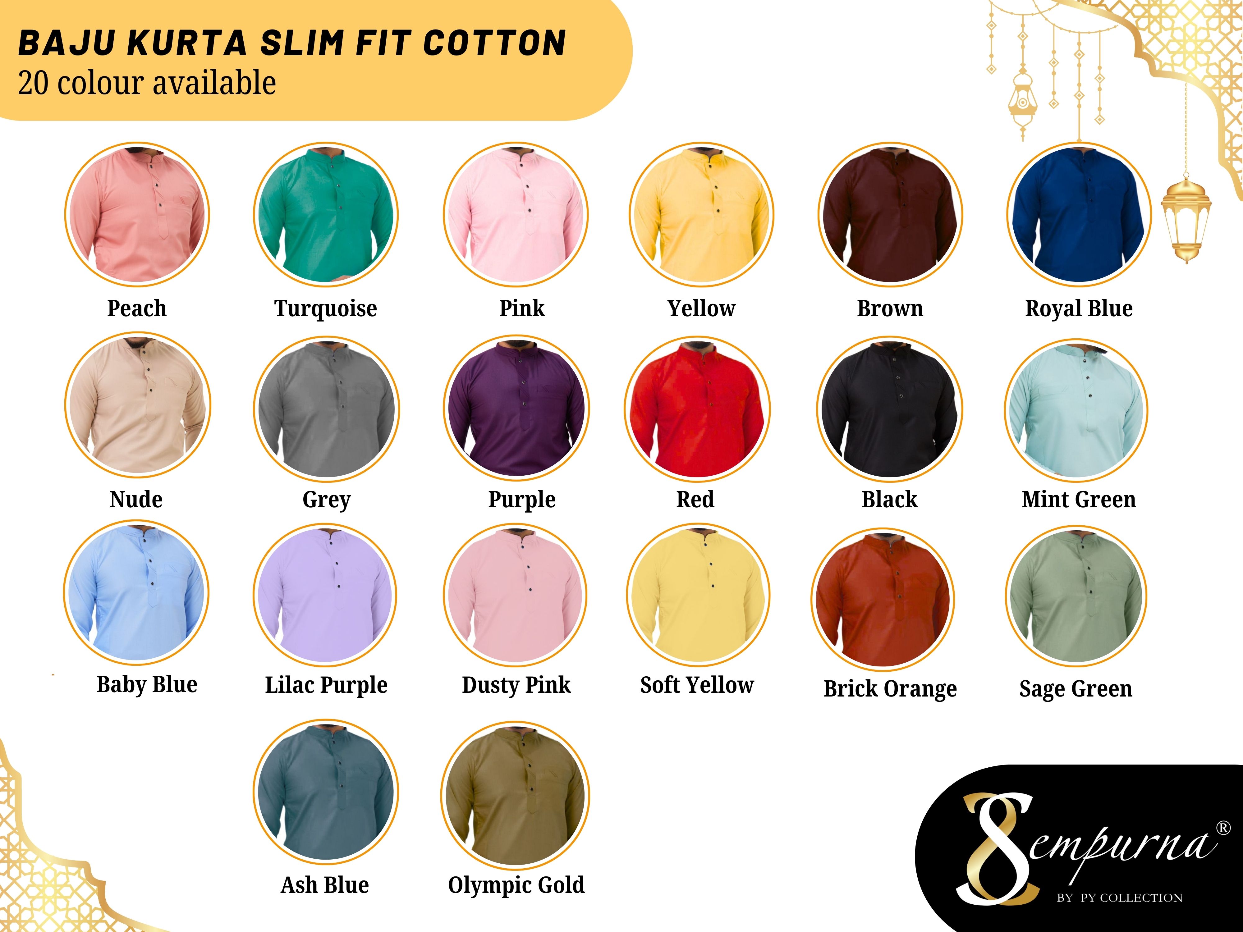 PG1 Kurta Budak Slim Fit Cotton Warna Peach Nude Dark Purple Black Mint