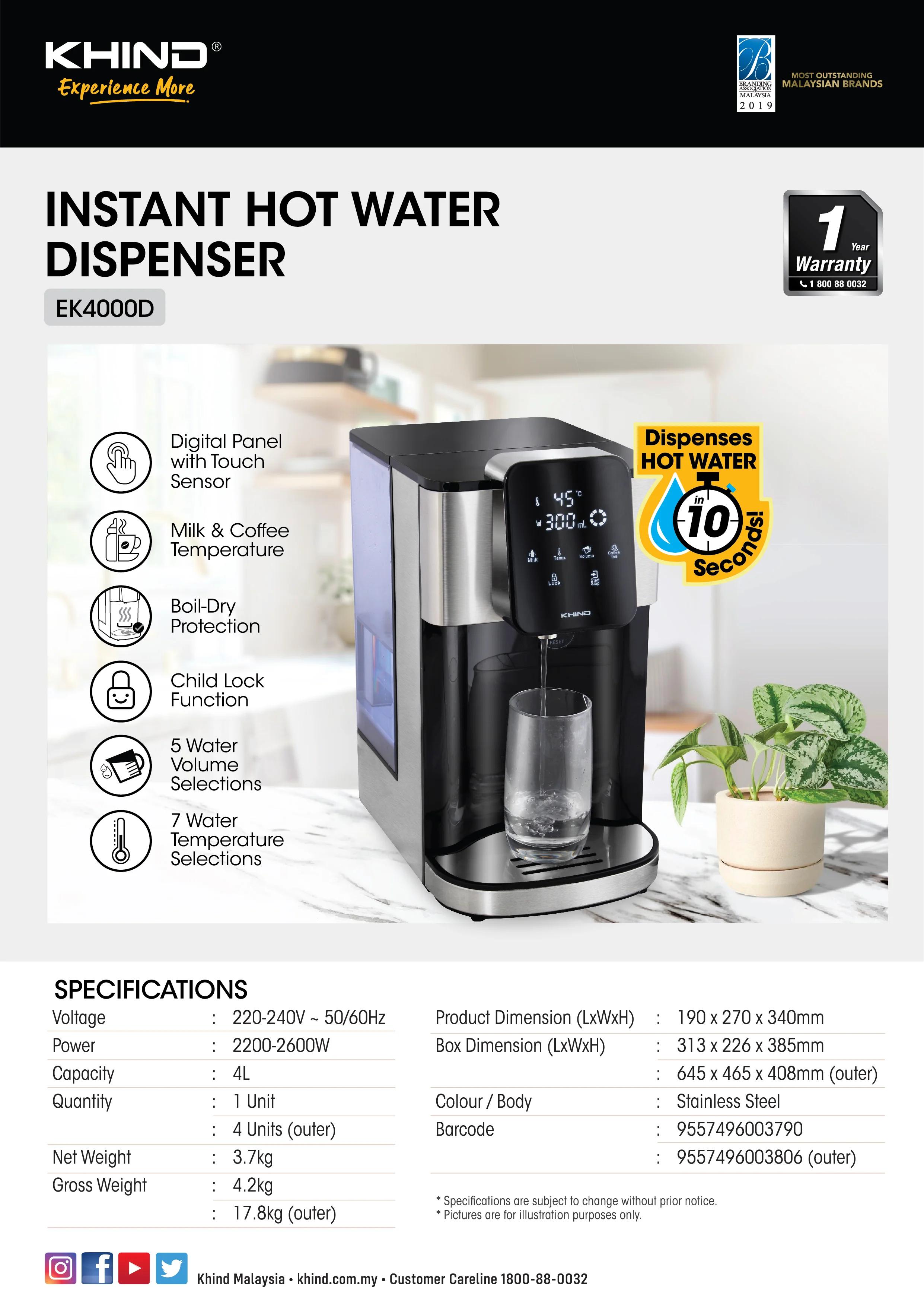 Khind EK4000D Instant Hot Water Dispenser Milk Coffee Temperature