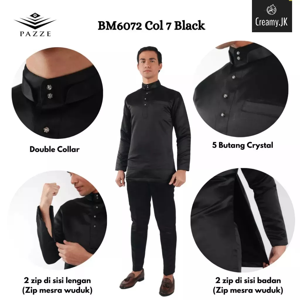 COD READY STOCK PAZZE Baju Melayu Modern Slim Fit Duchess BLACK NAVY