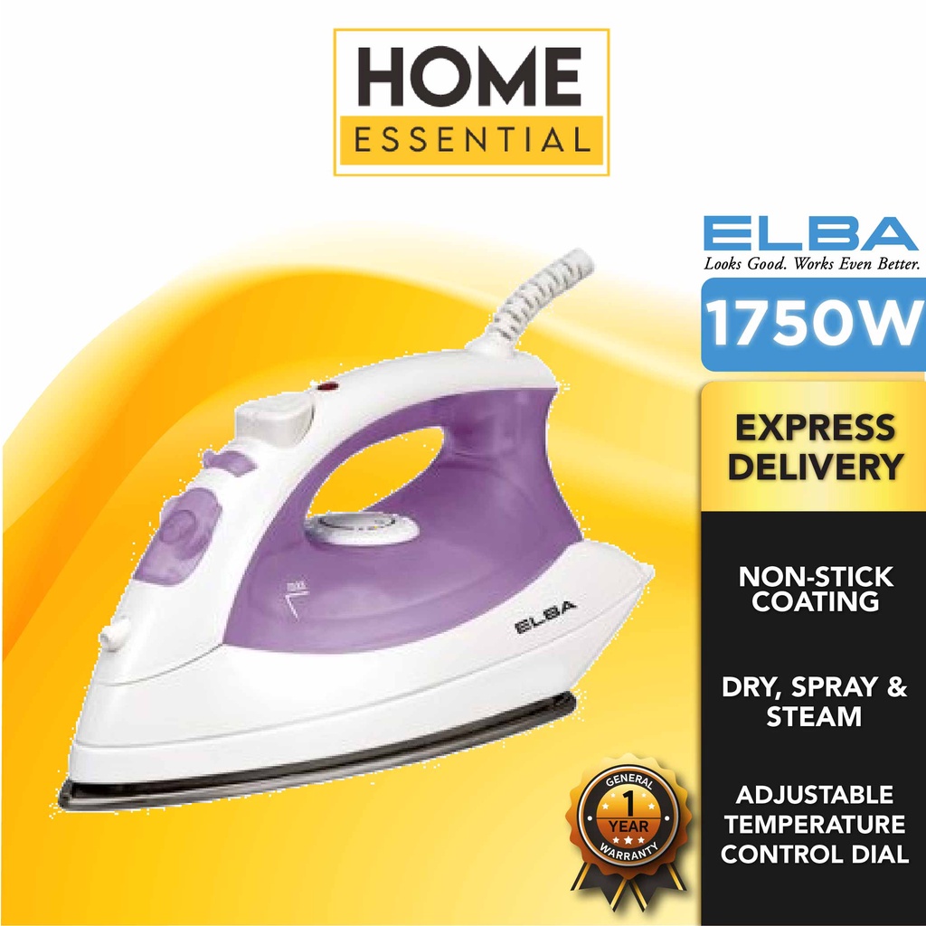 Elba 1750W Steam Iron ESI 1196V Dry Steam Spray Function Shopee