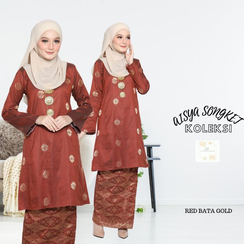 Merah Bata Gold Edition Kurung Pahang Pesak Songket Cotton Tenun