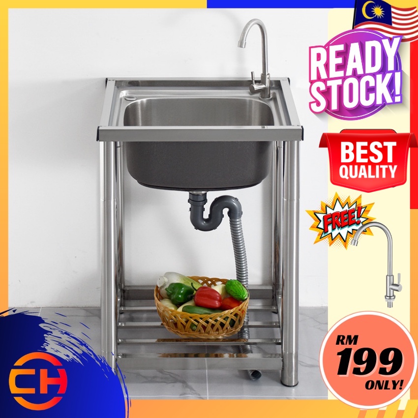 READY STOCK Stainless Steel Single Kitchen Sink With Stand Rak Sinki