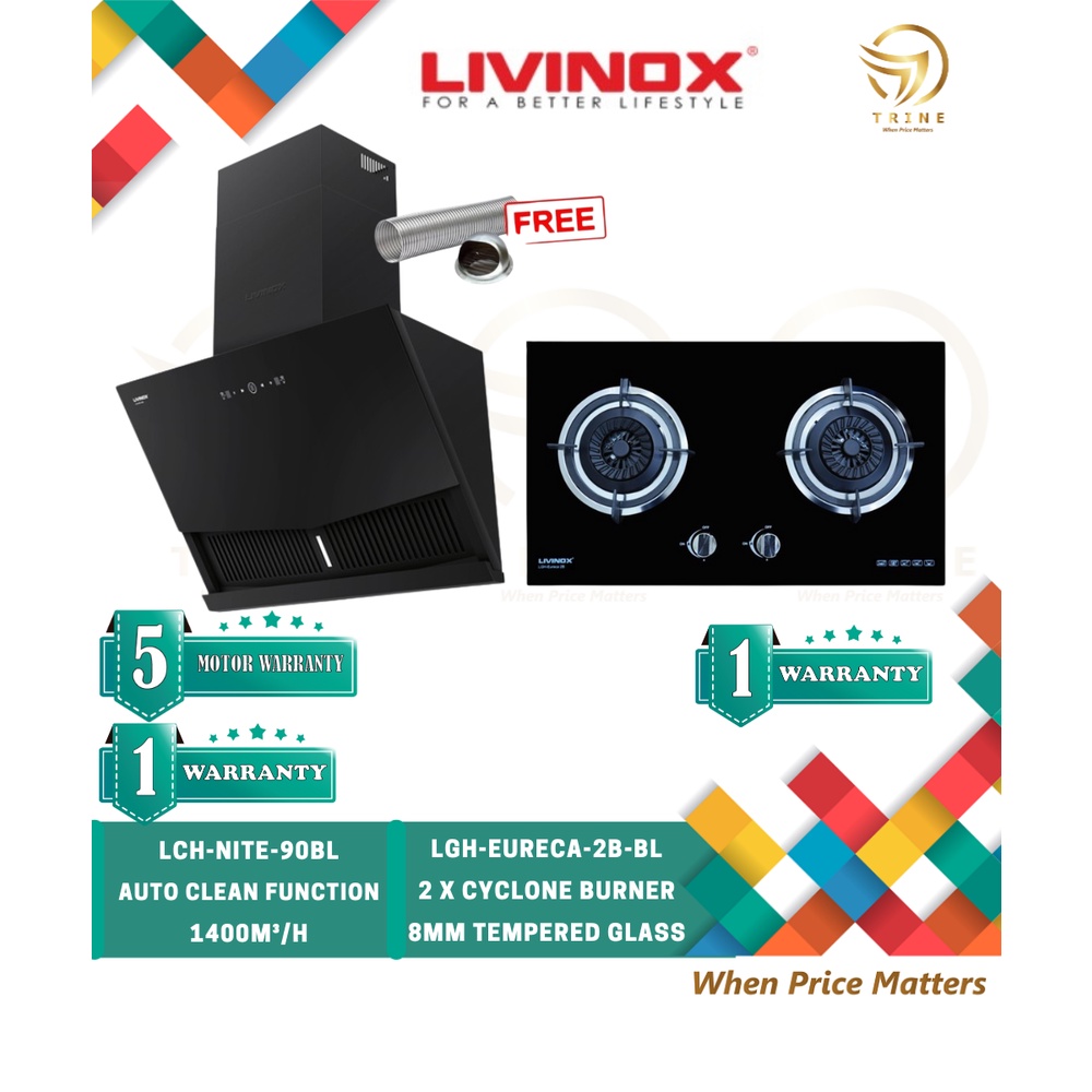 LIVINOX LCH NITE 90BL Kitchen Hood Cooker Hood Gas Cooker Hob Package