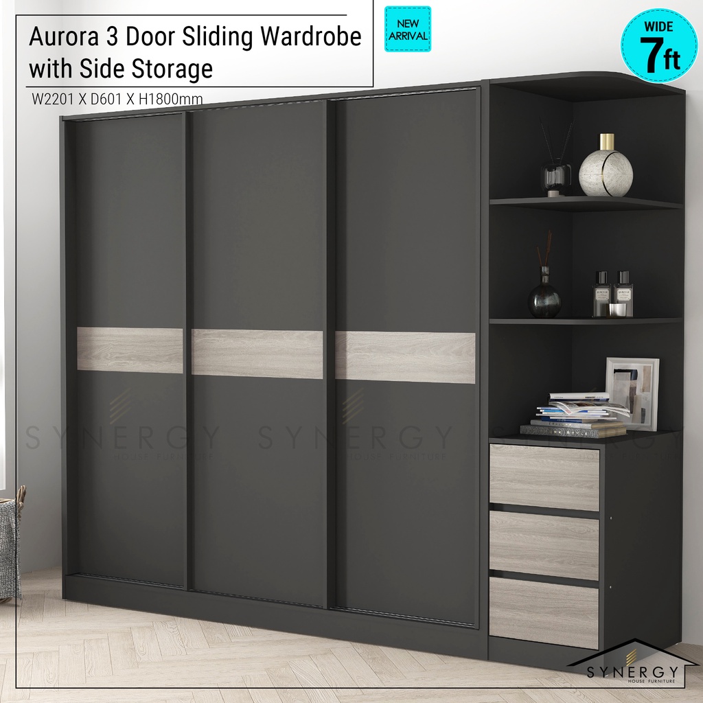 Aurora Collection Wardrobe 3 Door Sliding Wardrobe With Side Storage