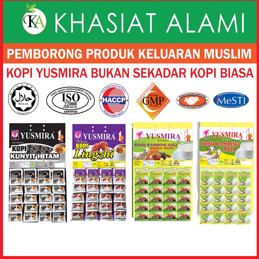 Borong Kopi Papan Yusmira Kunyit Hitam Lingzhi Susu Kambing Kurma