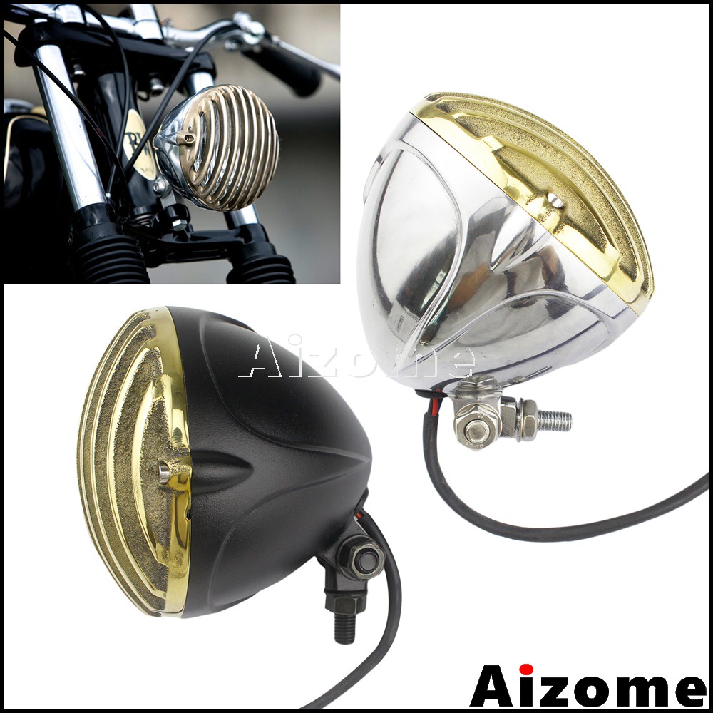 Motorcycle Scalloped Grille Headlight Brass Finned Headlamp For