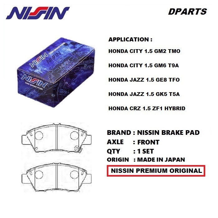 Nissin Front Brake Pad Honda City GM6 T9A TRO TMO Jazz GE8 CRZ