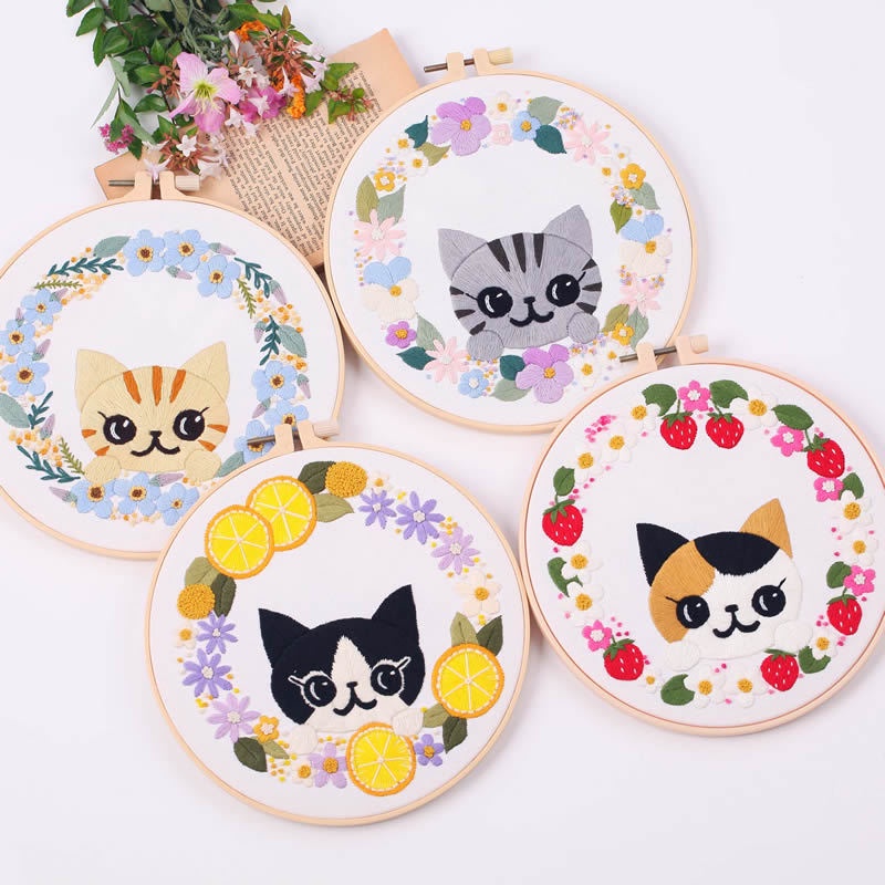 Cartoon Cat Hand Embroidery Diy Material Kit For Beginners Semi